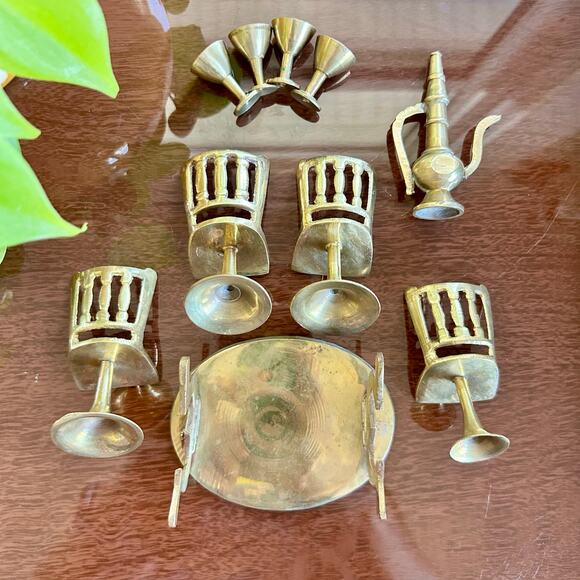 Vintage Brass Maharaja Dining Table Chair Set Showpiece – Intricate Miniatures - Picture 12 of 16